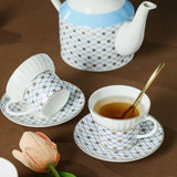 CUPURA Bero - CCS32 Luxury Bone China Tea Cup Set with Saucer Spoon and Strainer Floral Design Light Luxury European Style Gift Box Set Bohemian Powder Blue Classical Blue Rose Angel