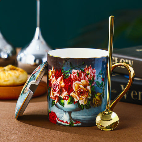 CUPURA Ovo - Vintage Rose Mug with Lid & Spoon - Elegant Large Capacity Coffee Cup CUPURA
