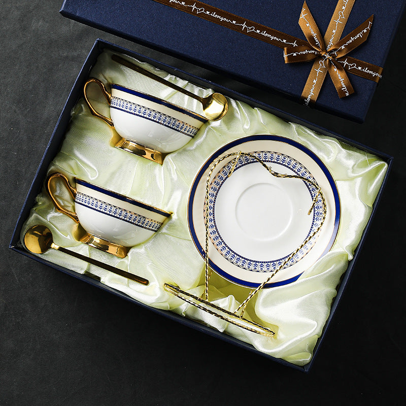 CUPURA Eno - CCS35 Luxury Bone China Tea Cup Set with Saucer Spoon and Strainer Floral Design Light Luxury European Style Gift Box Set Bohemian Powder Blue Classical Blue Rose Angel