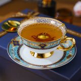 CUPURA Hano - CCS38 Luxury Bone China Tea Cup Set with Saucer Spoon and Strainer Floral Design Light Luxury European Style Gift Box Set Bohemian Powder Blue Classical Blue Rose Angel