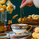 CUPURA Hano - CCS38 Luxury Bone China Tea Cup Set with Saucer Spoon and Strainer Floral Design Light Luxury European Style Gift Box Set Bohemian Powder Blue Classical Blue Rose Angel