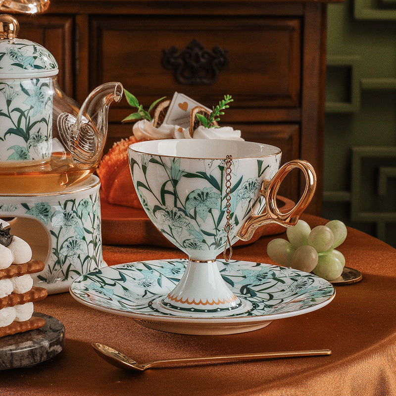 CUPURA Dune - CCS34 Luxury Bone China Tea Cup Set with Saucer Spoon and Strainer Floral Design Light Luxury European Style Gift Box Set Bohemian Powder Blue Classical Blue Rose Angel