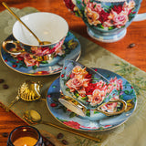 CUPURA Buno - CCS26 Luxury Bone China Tea Cup Set with Saucer Spoon and Strainer Floral Design Light Luxury European Style Gift Box Set Bohemian Powder Blue Classical Blue Rose Angel