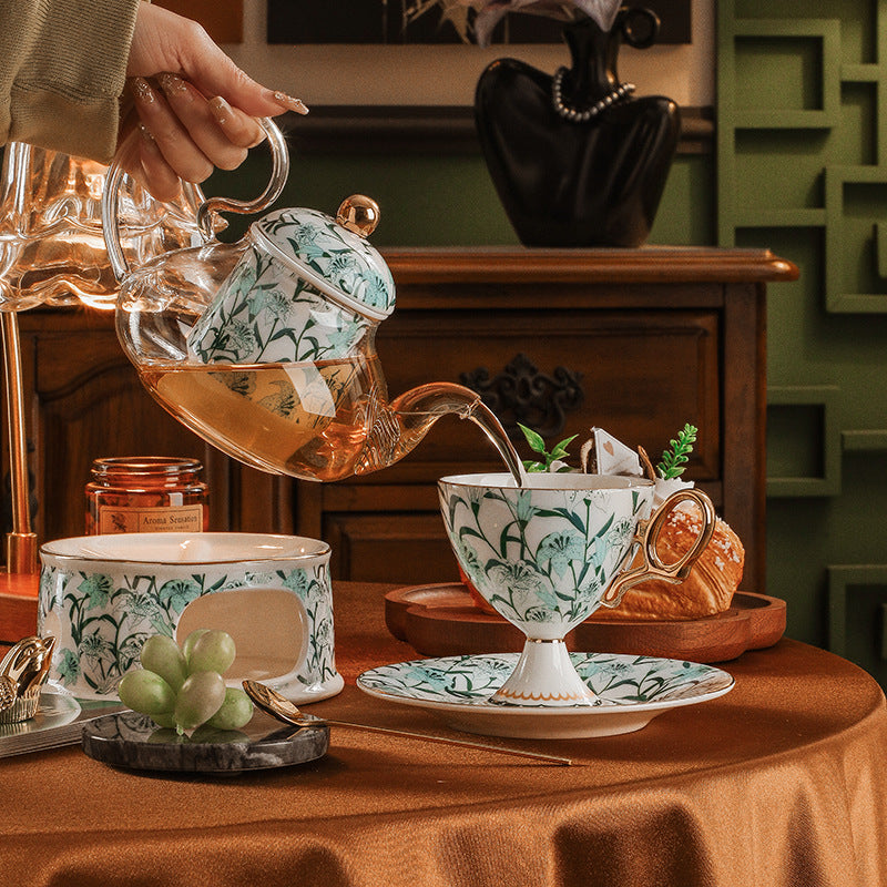 CUPURA Dune - CCS34 Luxury Bone China Tea Cup Set with Saucer Spoon and Strainer Floral Design Light Luxury European Style Gift Box Set Bohemian Powder Blue Classical Blue Rose Angel