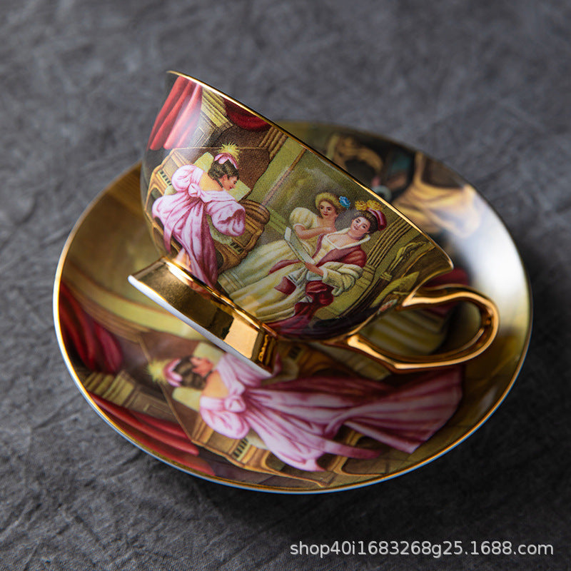 CUPURA Ciro - CCS33 Luxury Bone China Tea Cup Set with Saucer Spoon and Strainer Floral Design Light Luxury European Style Gift Box Set Bohemian Powder Blue Classical Blue Rose Angel