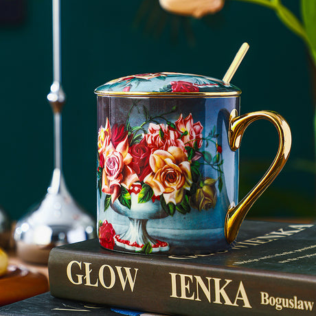 CUPURA Ovo - Vintage Rose Mug with Lid & Spoon - Elegant Large Capacity Coffee Cup CUPURA