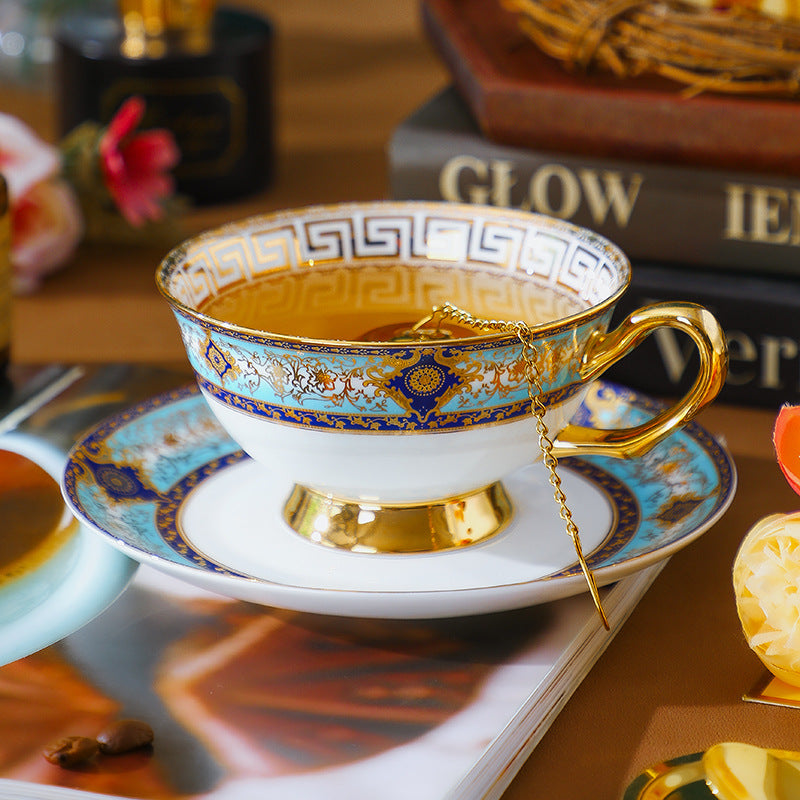 CUPURA Hano - CCS38 Luxury Bone China Tea Cup Set with Saucer Spoon and Strainer Floral Design Light Luxury European Style Gift Box Set Bohemian Powder Blue Classical Blue Rose Angel