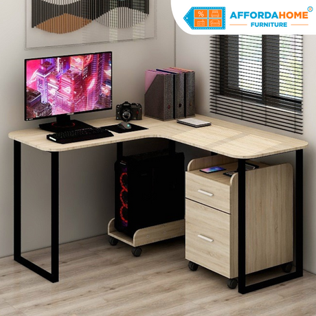 OXFORD L-Shape Office Table with CPU Tray and Mobile Cabinet Affordahome