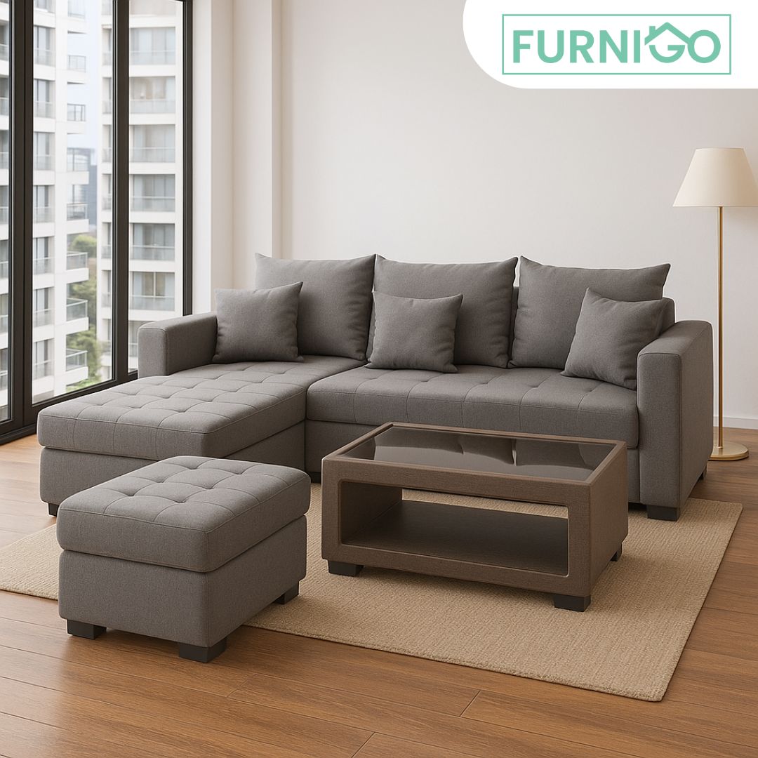 ANGELO Fabric Sofa Set with Ottoman and Glass Top Table Furnigo