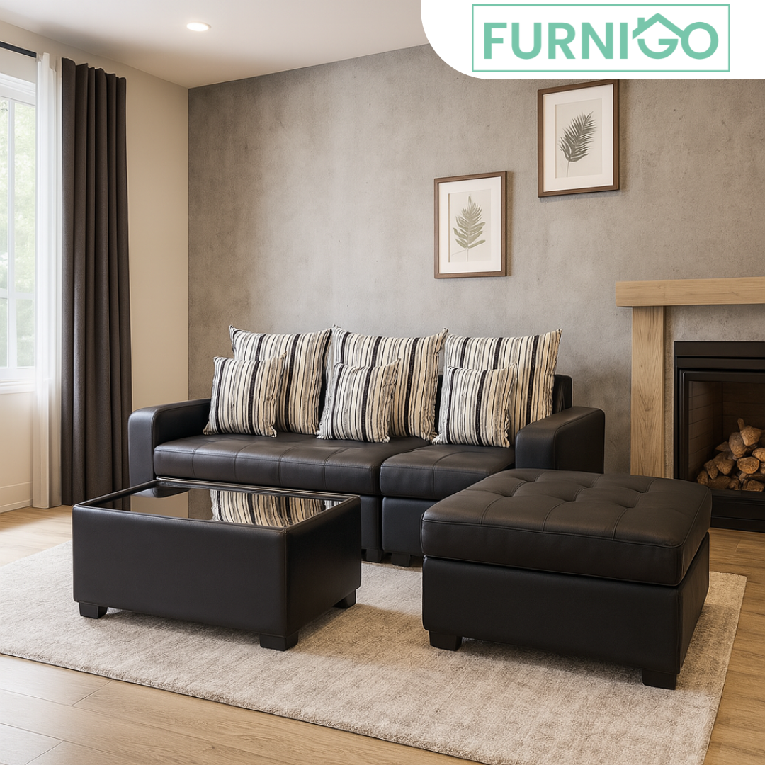 SALVE L-Shape Sofa w/ Free 6 Throw Pillows Upholstered Glass-top Center Table and Ottoman Furnigo