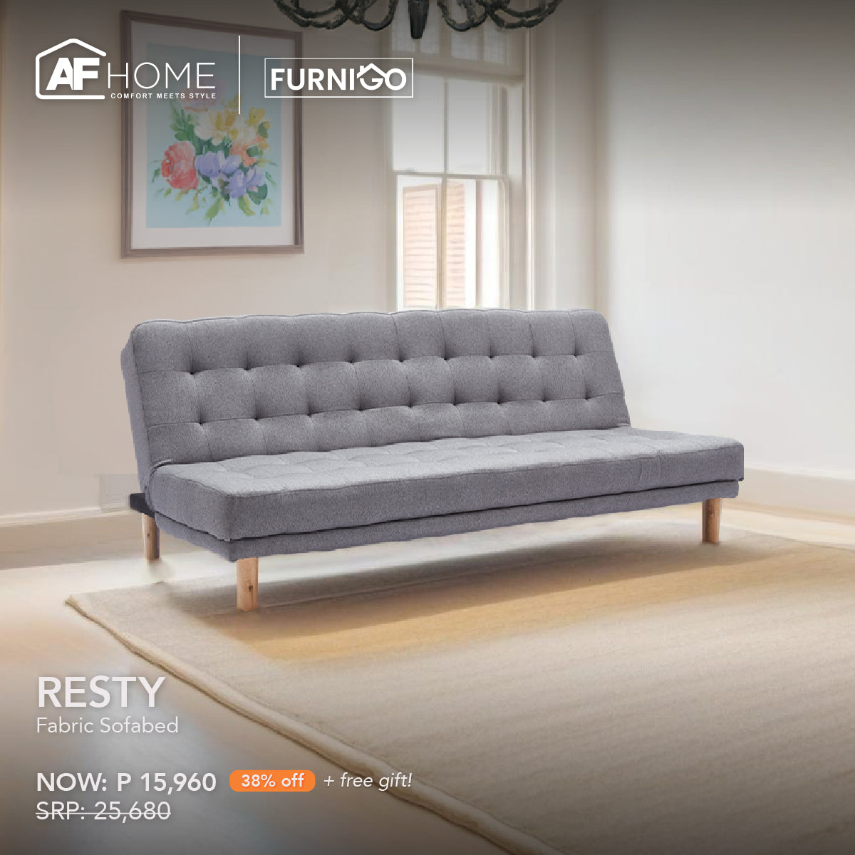 RESTY Fabric Sofabed + REECE TV RACK | FREE NANCY CUBE OTTOMAN (RANDOM COLOR) | HOME FEST Furnigo