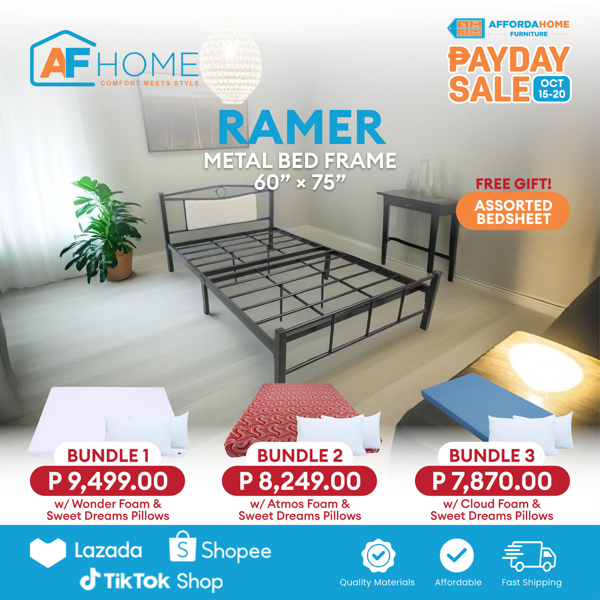 RAMER Metal Bed Frame | FREE ASSORTED BEDSHEET | Payday Sale Affordahome