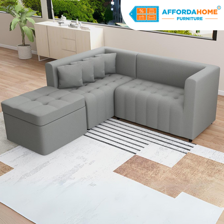 RONNA L-Shape Fabric Sofa w/ Storage Ottoman Affordahome