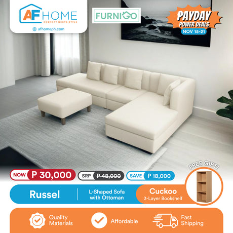 RUSSEL | L-SHAPED SOFA WITH OTTOMAN | FREE CUCKOO 3 LAYER BOOKSHELF | PAYDAY POWER DEALS Furnigo