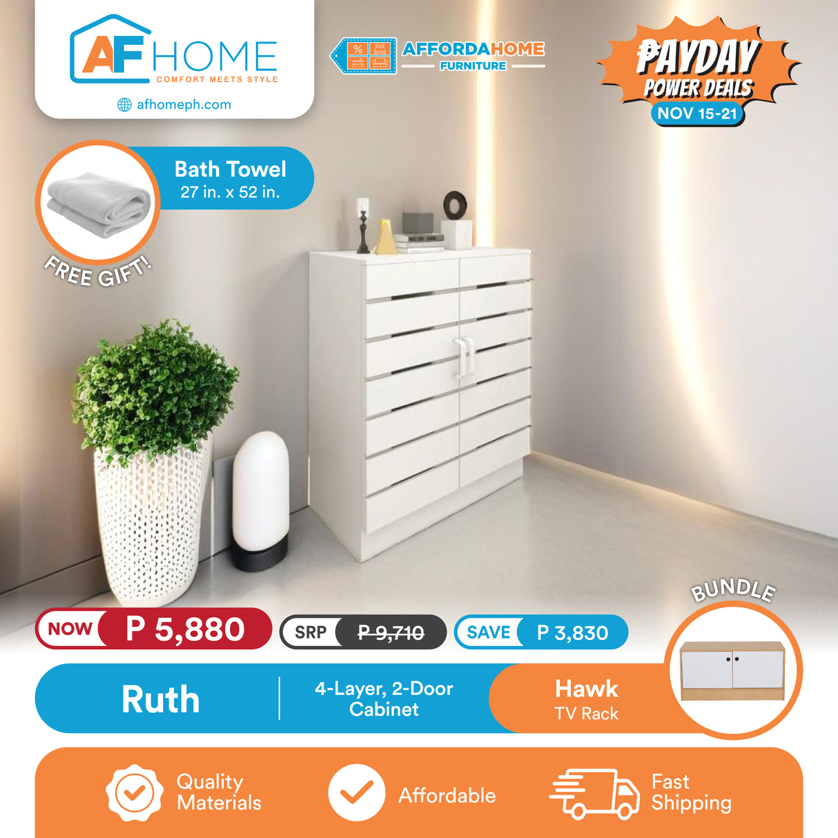 RUTH | 4 LAYER 2 DOOR CABINET + HAWK TV RACK | FREE BATH TOWEL 27" x 52" | PAYDAY POWER DEALS Affordahome