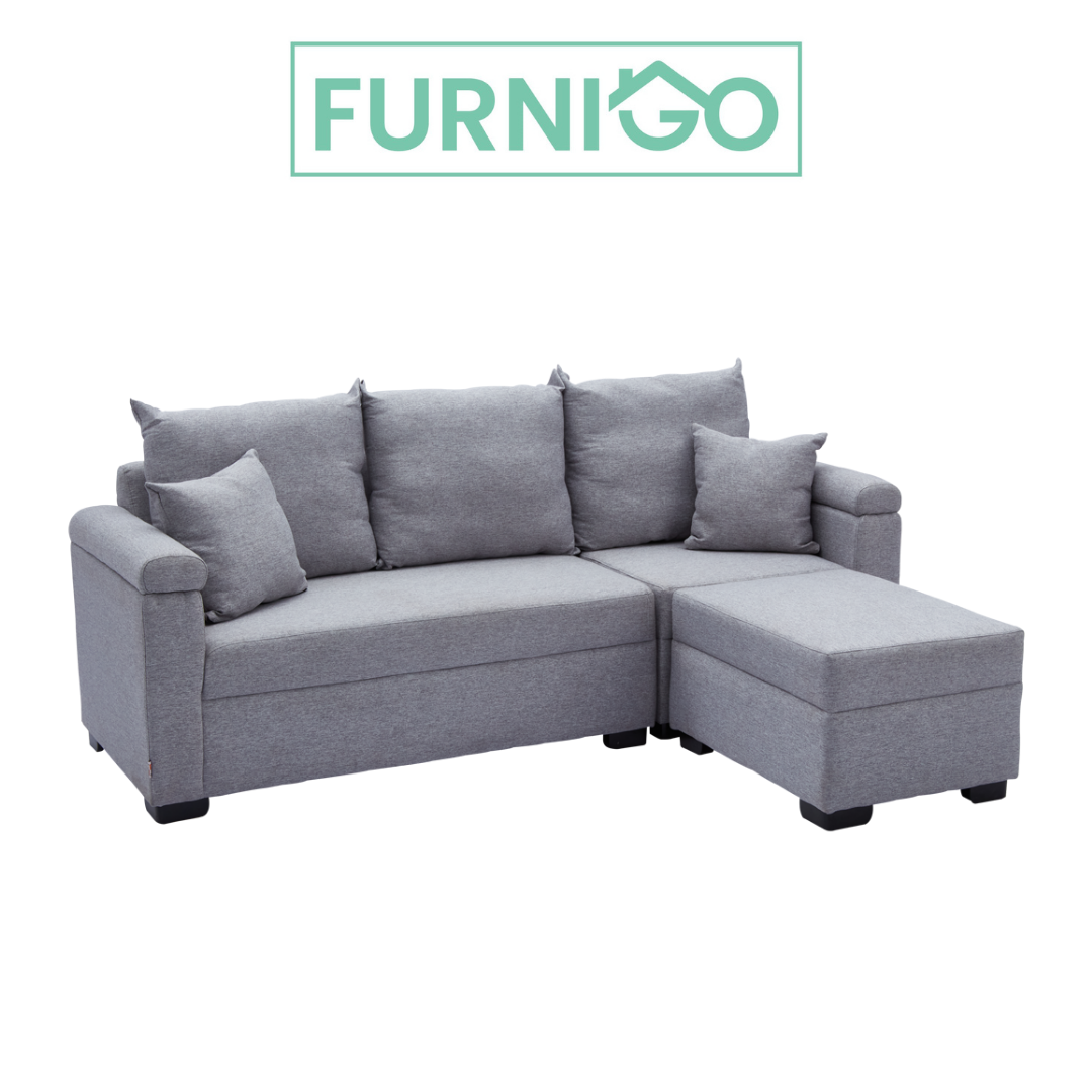 STELLA Fabric Sofa w/ Ottoman and Pillows Furnigo