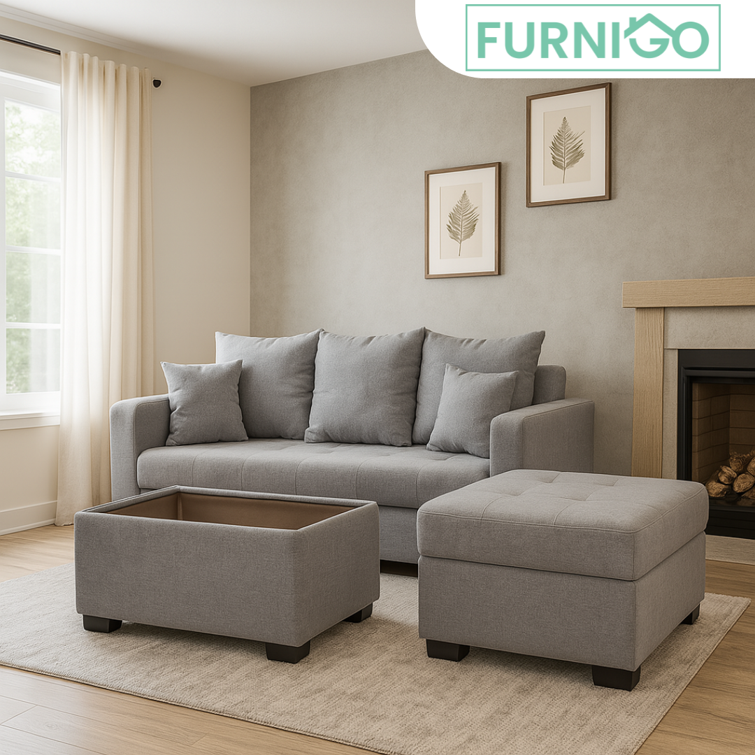SYLVESTRE Fabric Sofa Set with Ottoman and Center Table with Glass Top Furnigo