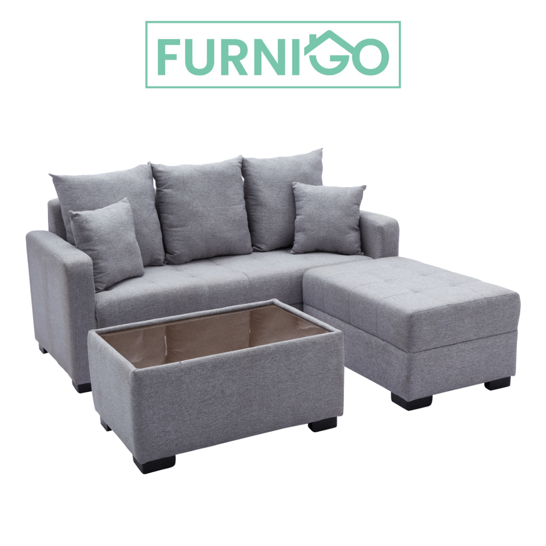 SYLVESTRE Fabric Sofa Set with Ottoman and Center Table with Glass Top Furnigo