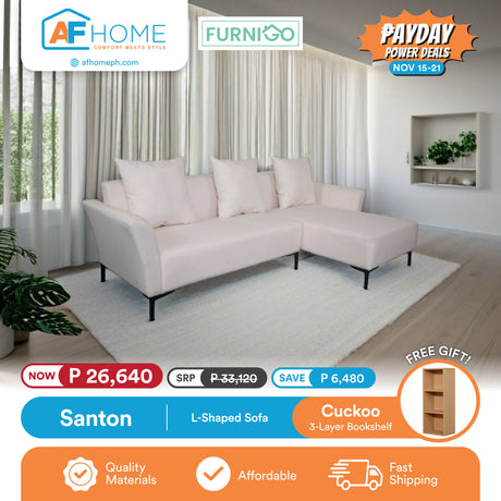 SANTON | L-SHAPED SOFA | FREE CUCKOO 3 LAYER BOOKSHELF | PAYDAY POWER DEALS Furnigo