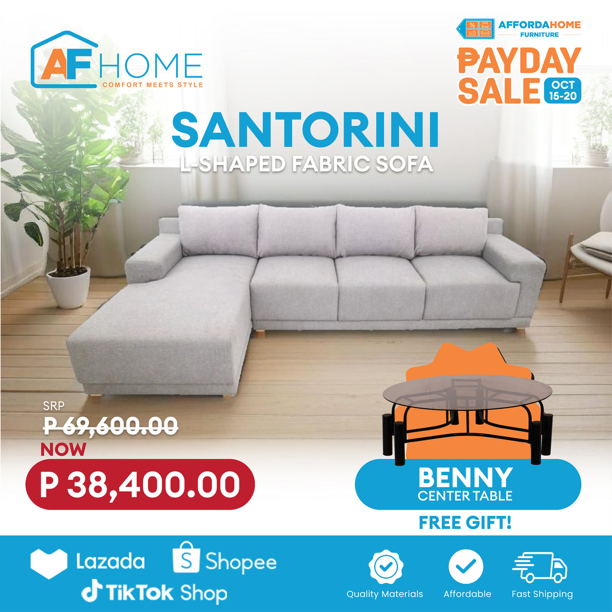 SANTORINI L-Shape Fabric Sofa | FREE BENNY CENTER TABLE | Payday Sale Furnigo