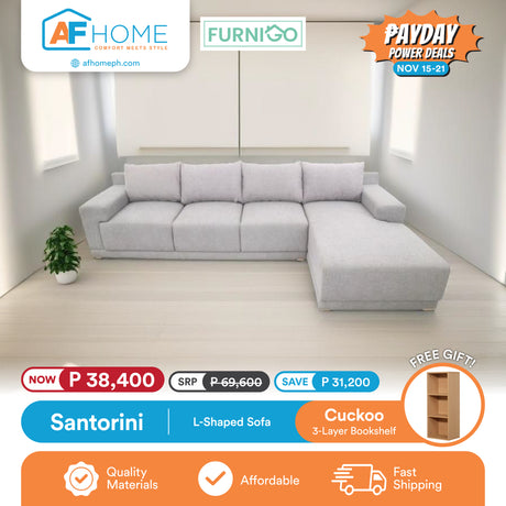 SANTORINI | L-SHAPED SOFA | FREE CUCKOO 3 LAYER BOOKSHELF | PAYDAY POWER DEALS Furnigo