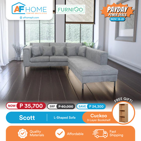 SCOTT | L-SHAPED SOFA | FREE CUCKOO 3 LAYER BOOKSHELF | PAYDAY POWER DEALS Furnigo