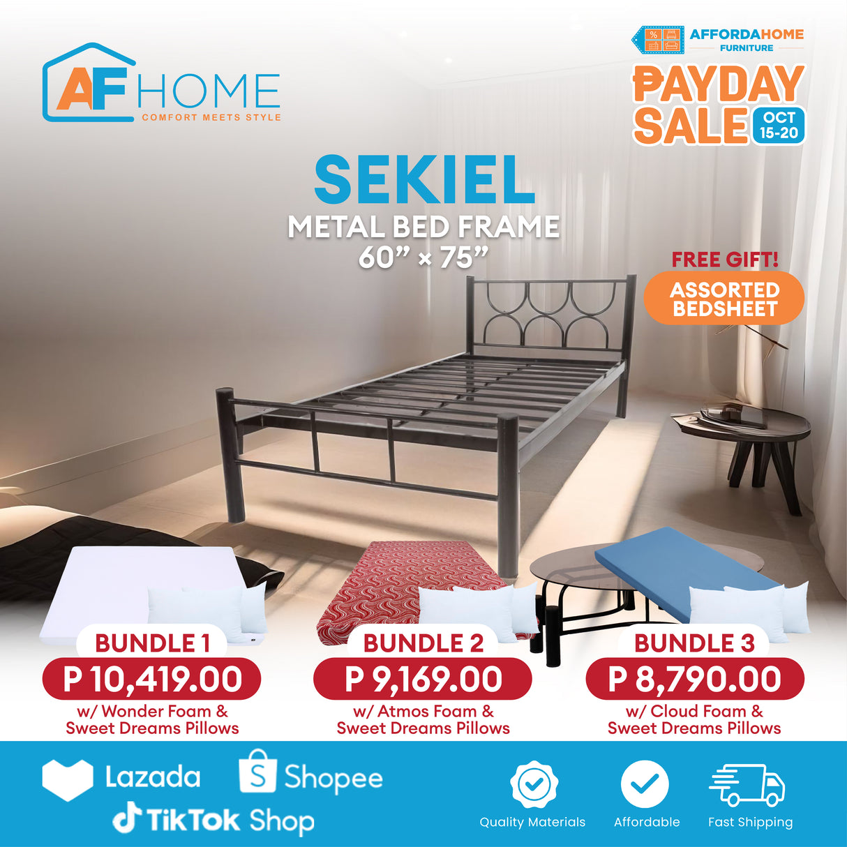 SEKIEL Metal Bed Frame | FREE ASSORTED BEDSHEET | Payday Sale Affordahome