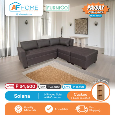 SOLANA | L-SHAPED SOFA WITH OTTOMAN | FREE CUCKOO 3 LAYER BOOKSHELF | PAYDAY POWER DEALS Furnigo