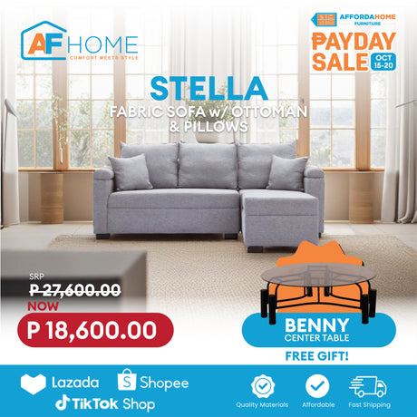 STELLA Fabric Sofa w/ Ottoman and Pillows | FREE BENNY CENTER TABLE | Payday Sale Furnigo