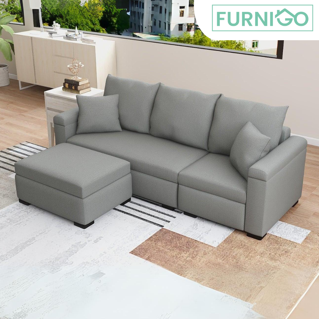 STELLA Fabric Sofa w/ Ottoman and Pillows Furnigo