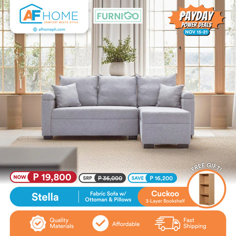 STELLA | FABRIC SOFA WITH OTTOMAN & PILLOWS | FREE CUCKOO 3 LAYER BOOKSHELF | PAYDAY POWER DEALS Furnigo