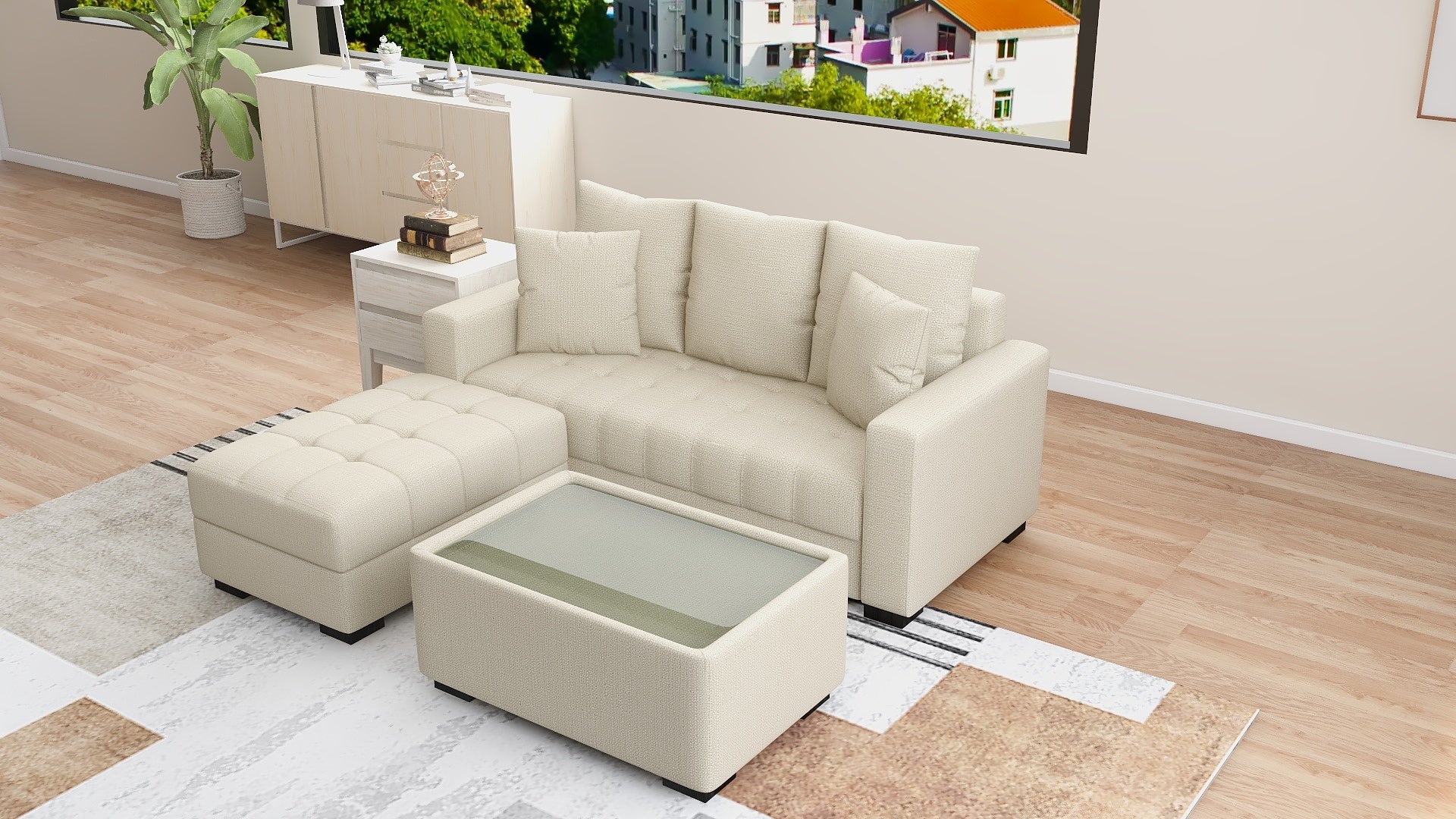 SYLVESTRE Fabric Sofa Set with Ottoman and Center Table with glass top AF Home