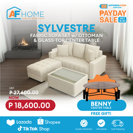 SYLVESTRE Fabric Sofa Set with Ottoman and Center Table with Glass Top | FREE BENNY CENTER TABLE | Payday Sale Furnigo