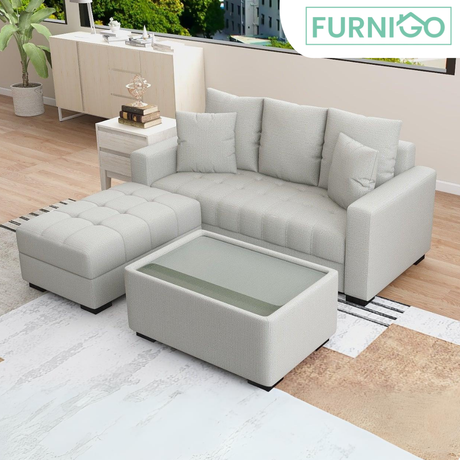 SYLVESTRE Fabric Sofa Set with Ottoman and Center Table with Glass Top Furnigo