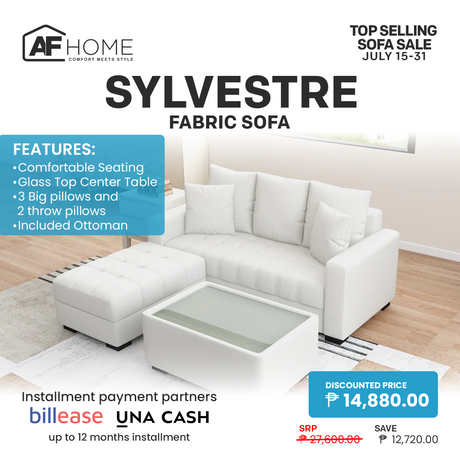 SYLVESTRE Fabric Sofa Set with Ottoman and Center Table with Glass Top | Top Selling Sofa Sale Furnigo