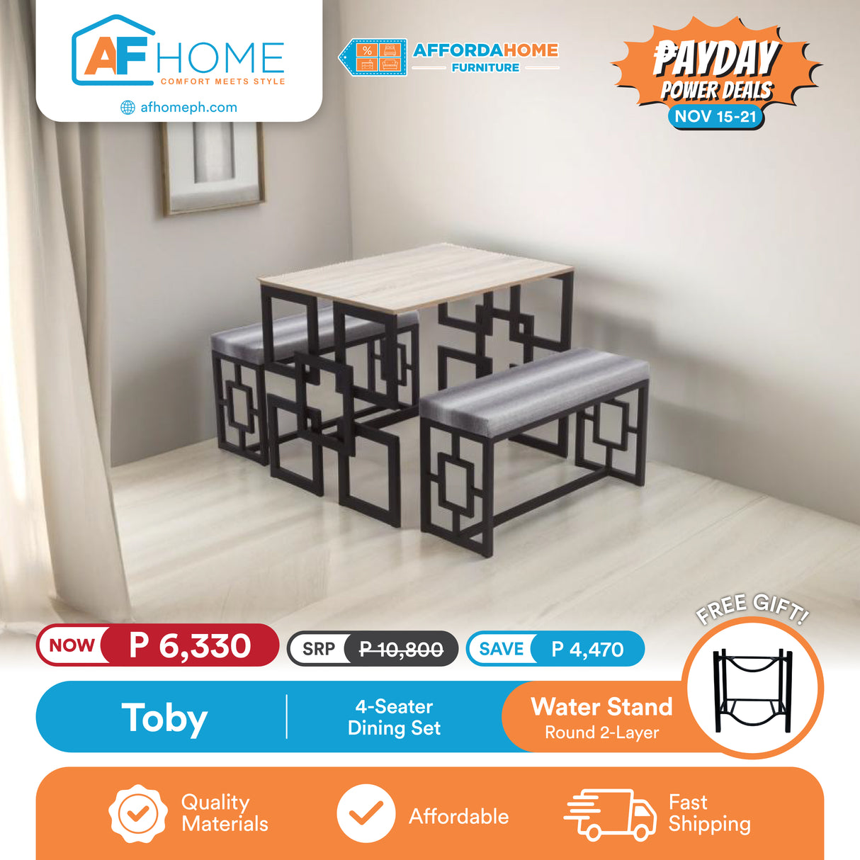 TOBY | 4 & 6 SEATER DINING SET | FREE ROUND MINERAL WATER STAND 2 & 3 LAYERS | PAYDAY POWER DEALS Affordahome