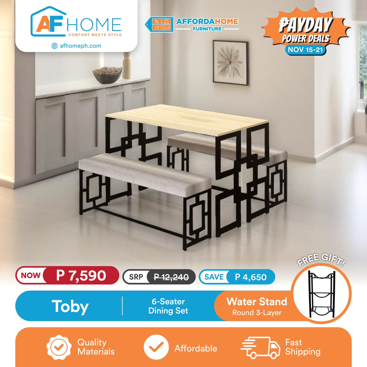 TOBY | 4 & 6 SEATER DINING SET | FREE ROUND MINERAL WATER STAND 2 & 3 LAYERS | PAYDAY POWER DEALS Affordahome