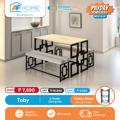 TOBY | 4 & 6 SEATER DINING SET | FREE ROUND MINERAL WATER STAND 2 & 3 LAYERS | PAYDAY POWER DEALS Affordahome