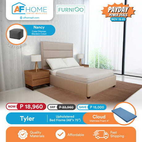 TYLER | UPHOLSTERED BED FRAME + CLOUD 4 INCH MATTRESS | FREE NANCY CUBE OTTOMAN | PAYDAY POWER DEALS Furnigo