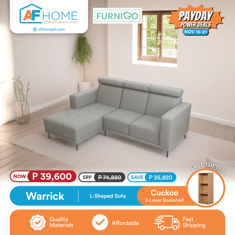 WARRICK | L-SHAPED SOFA | FREE CUCKOO 3 LAYER BOOKSHELF | PAYDAY POWER DEALS Furnigo