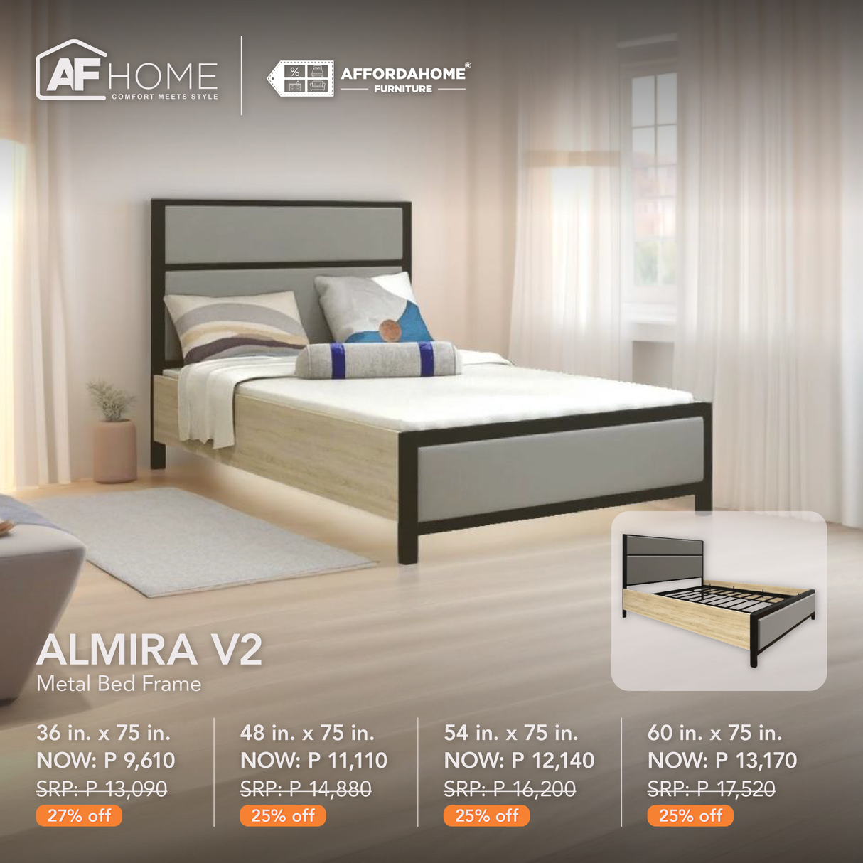 ALMIRA v2 Single Metal Bed Frame + CLOUD MATTRESS FOAM 4 INCHES | FREE AVA THROW PILLOW | HOME FEST Affordahome