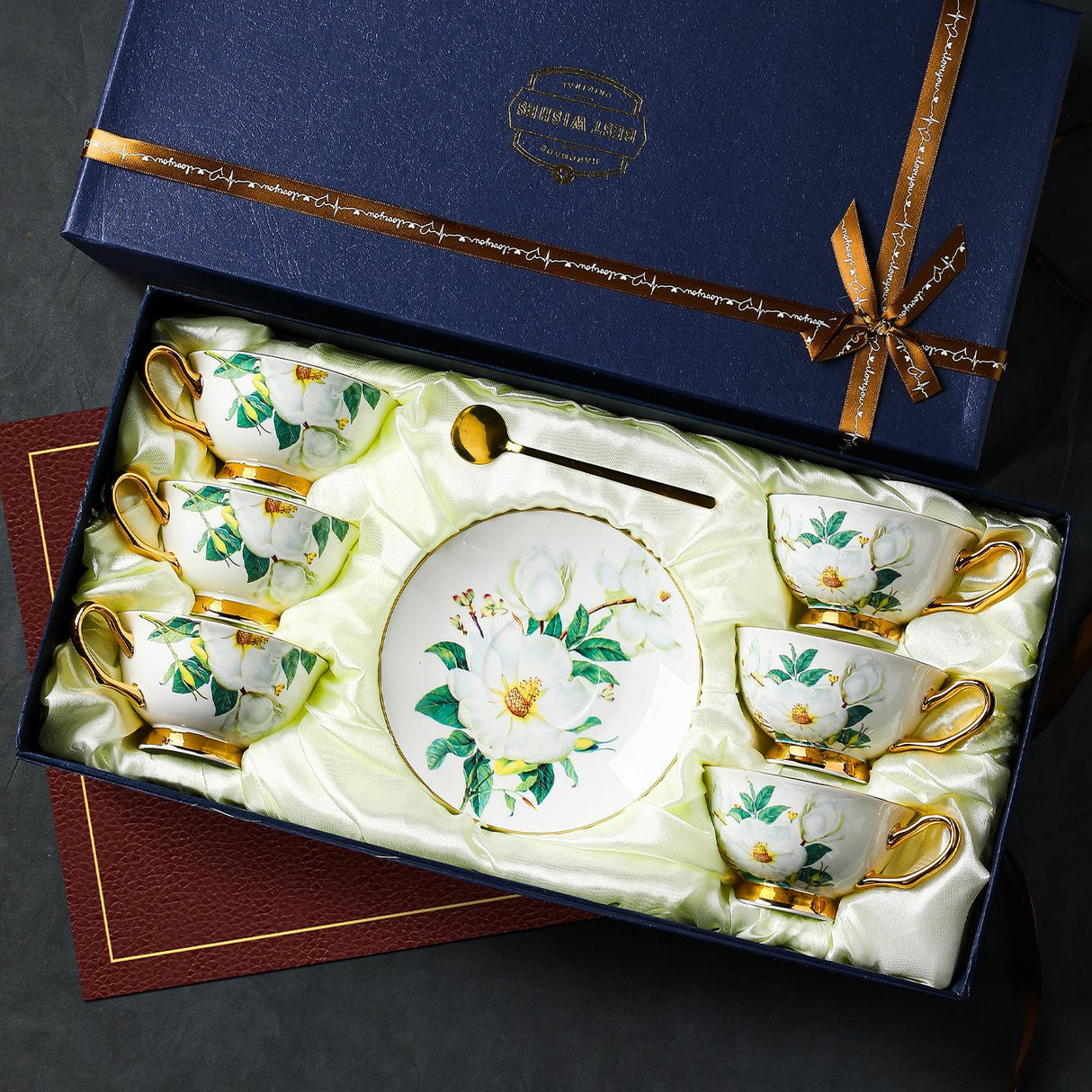 CUPURA Ollo - CCS28 Luxury Bone China Tea Cup Set with Saucer Spoon and Strainer Floral Design Light Luxury European Style Gift Box Set Bohemian Powder Blue Classical Blue Rose Angel