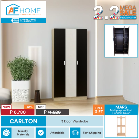 2.2 MEGA SALE | CARLTON Wardrobe with 3-Door Panel | FREE GIFT Mars Shelf Medium (Random Color) AF Home