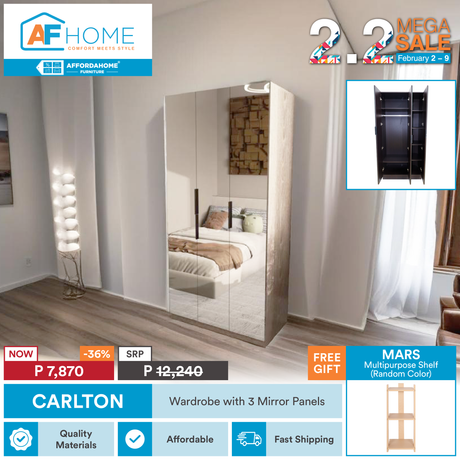 2.2 MEGA SALE | CARLTON Wardrobe with 3-Mirror Panel | FREE GIFT Mars Shelf Medium (Random Color) AF Home