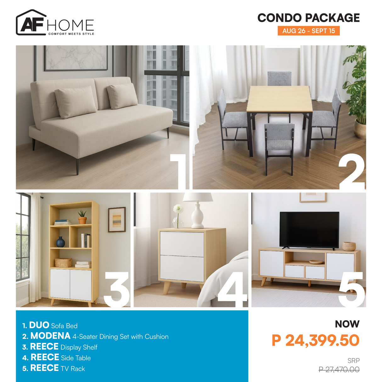Condo Package | Sofa Bed - Reece Display Shelf - Reece TV Rack - Reece Side Table - Modena Dining Set with Cushion 4-Seater AF Home