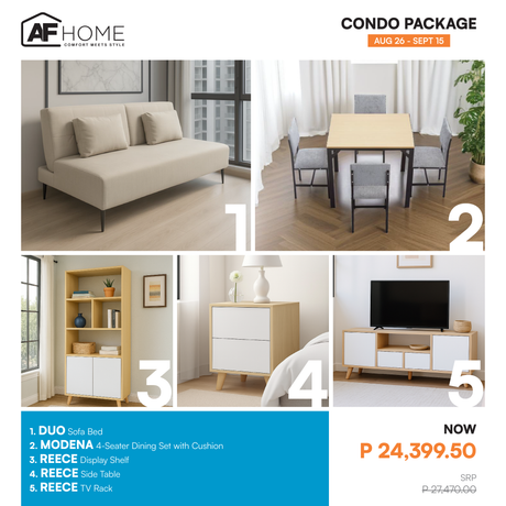 Condo Package | Sofa Bed - Reece Display Shelf - Reece TV Rack - Reece Side Table - Modena Dining Set with Cushion 4-Seater AF Home