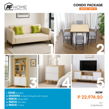 Condo Package | Sofa Bed - Reece Display Shelf - Reece TV Rack - Reece Side Table - Modena Dining Set with Cushion 4-Seater AF Home