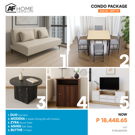 Condo Package | Sofa Bed - Blythe TV Rack - Ashes Side Table - Zyra Round Table - Modena Dining Set with Cushion 4-Seater AF Home
