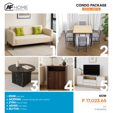 Condo Package | Sofa Bed - Blythe TV Rack - Ashes Side Table - Zyra Round Table - Modena Dining Set with Cushion 4-Seater AF Home
