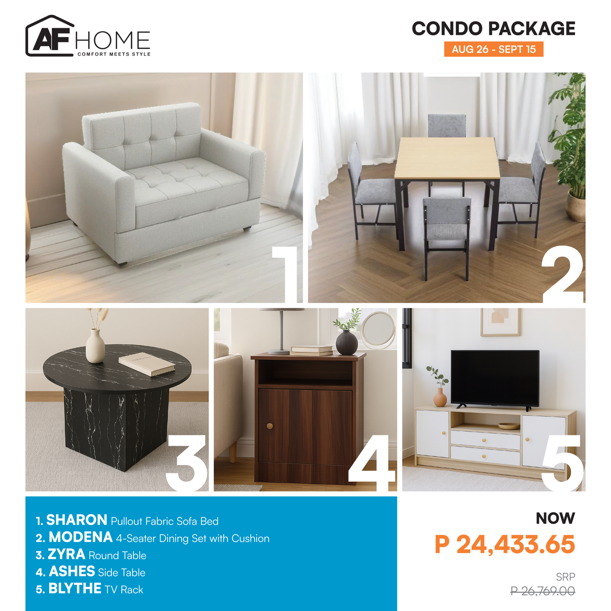 Condo Package | Sofa Bed - Blythe TV Rack - Ashes Side Table - Zyra Round Table - Modena Dining Set with Cushion 4-Seater AF Home